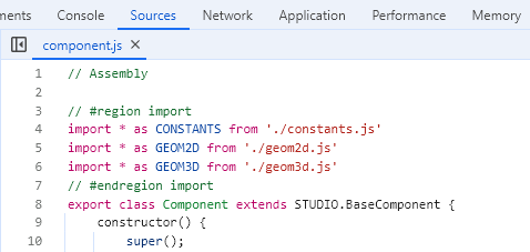 Screenshot of browser devtools showing the component name at the top of a JavaScript file