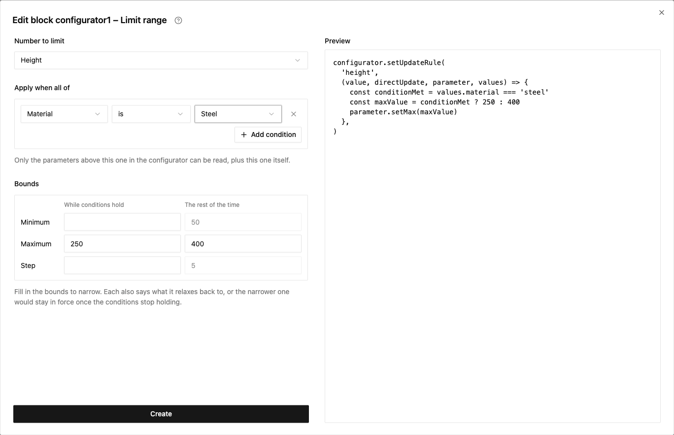 Limit a parameter's range based on the selected material