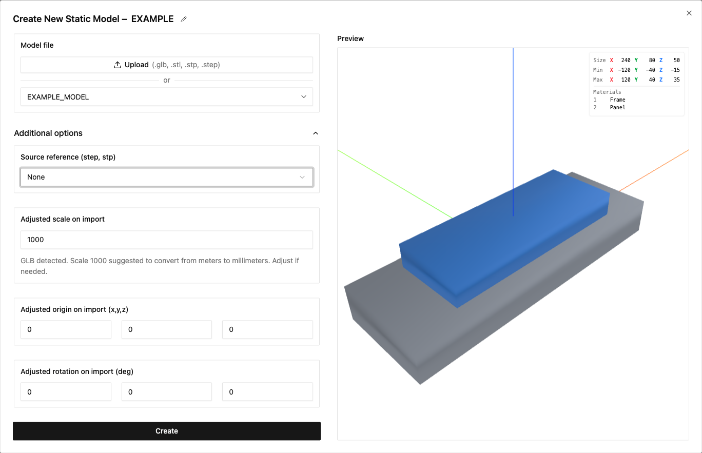 Create a Static Model with a file selector, placement options, and model preview