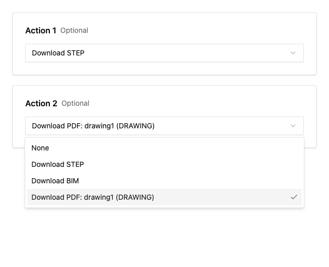 Application sidebar actions offering STEP, BIM, and PDF downloads