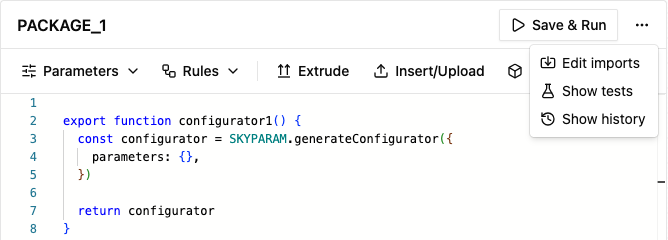 Editor package menu with Edit imports, Show tests, and Show history