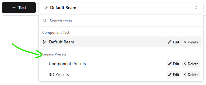 Screenshot of the test dropdown