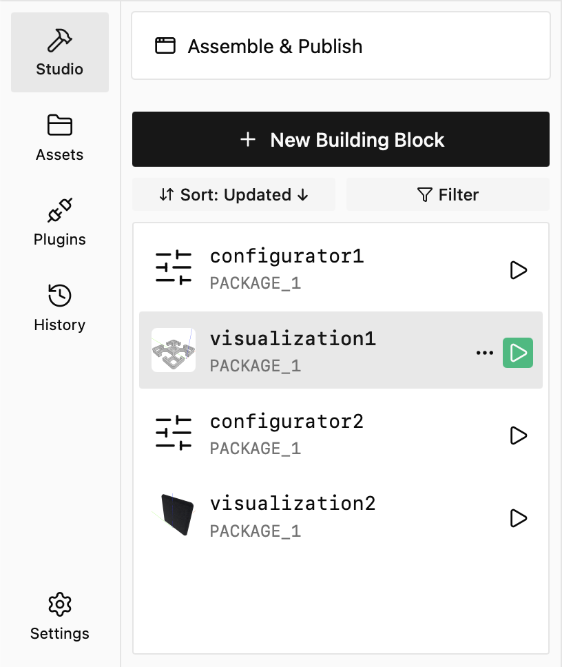 Studio navigation with Assemble & Publish and the building block list